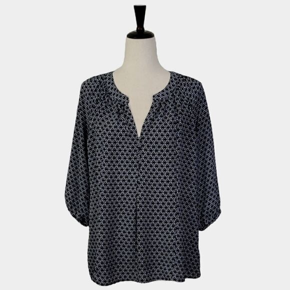 Dalia Collection Navy Blue Patterned Split Neck 3/4 Sleeve Chiffon Blouse Size M - Picture 1 of 10